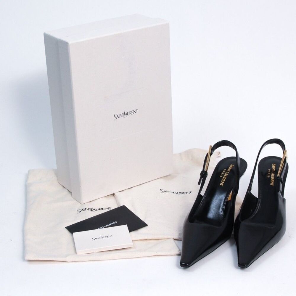 Saint Laurent YSL Lee Slingback Pumps Black Leather Gold Heel Shoes 39.5 NIB - Picture 2 of 13